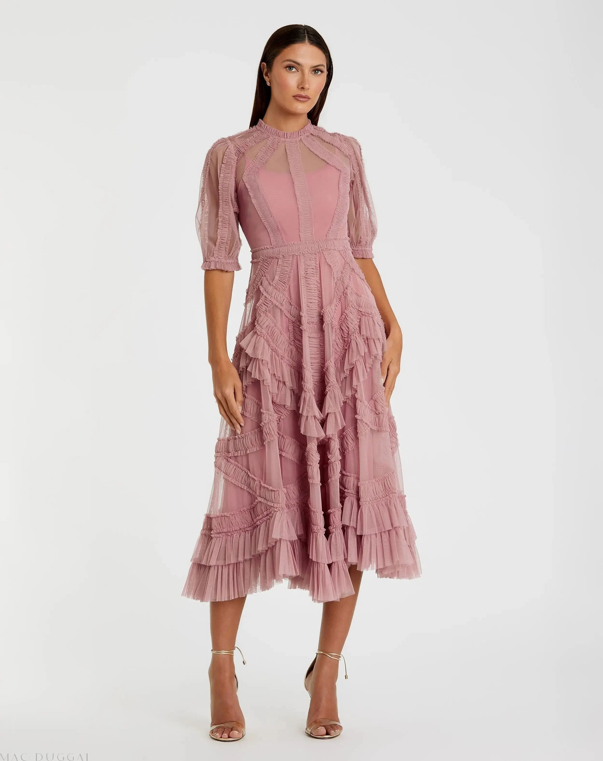 High Neck Micro Ruffle Tiered Midi Dress