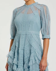 Blue High Neck Ruffle Tiered A-Line Midi Dress