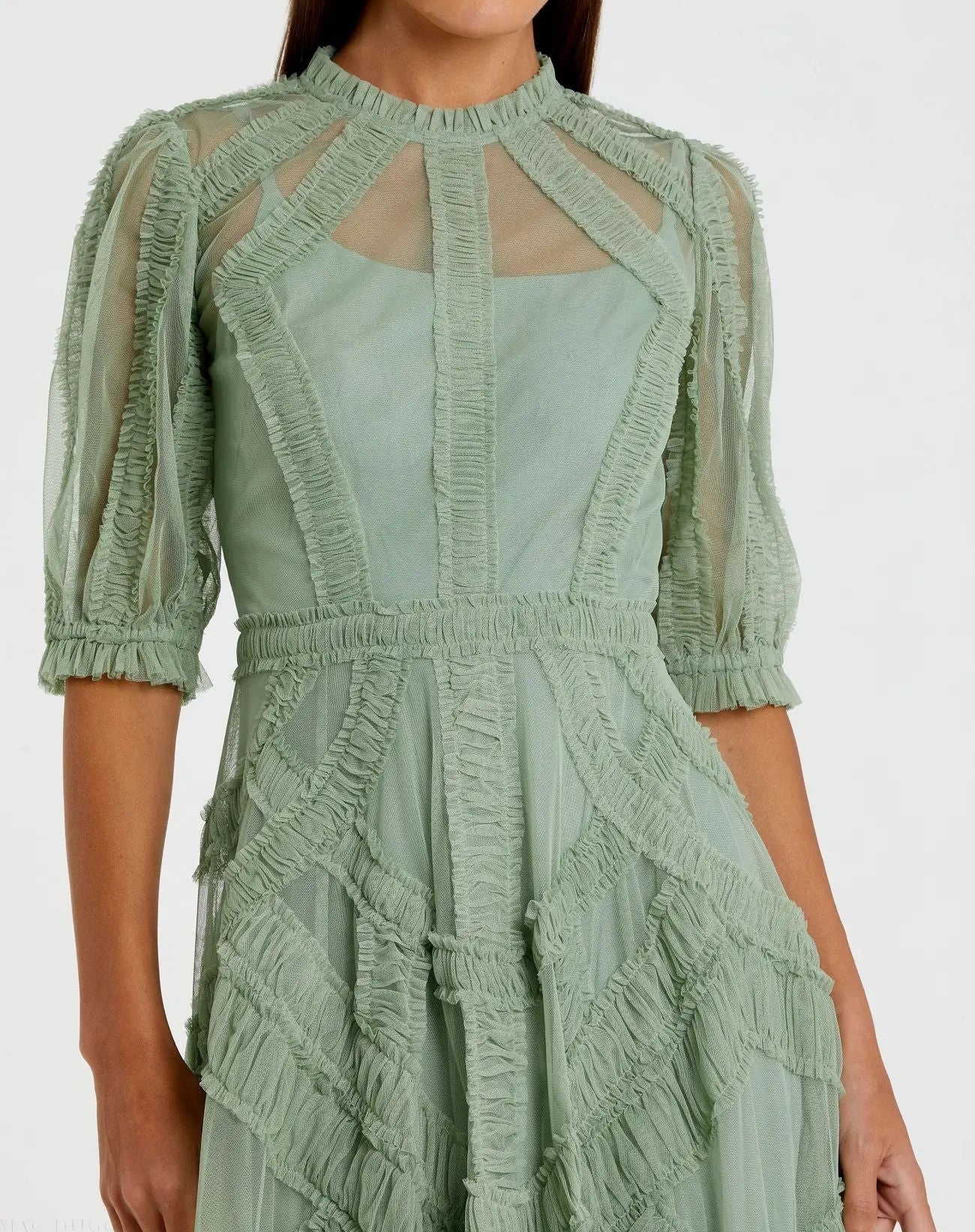 Green High Neck Ruffle Tiered A-Line Midi Dress