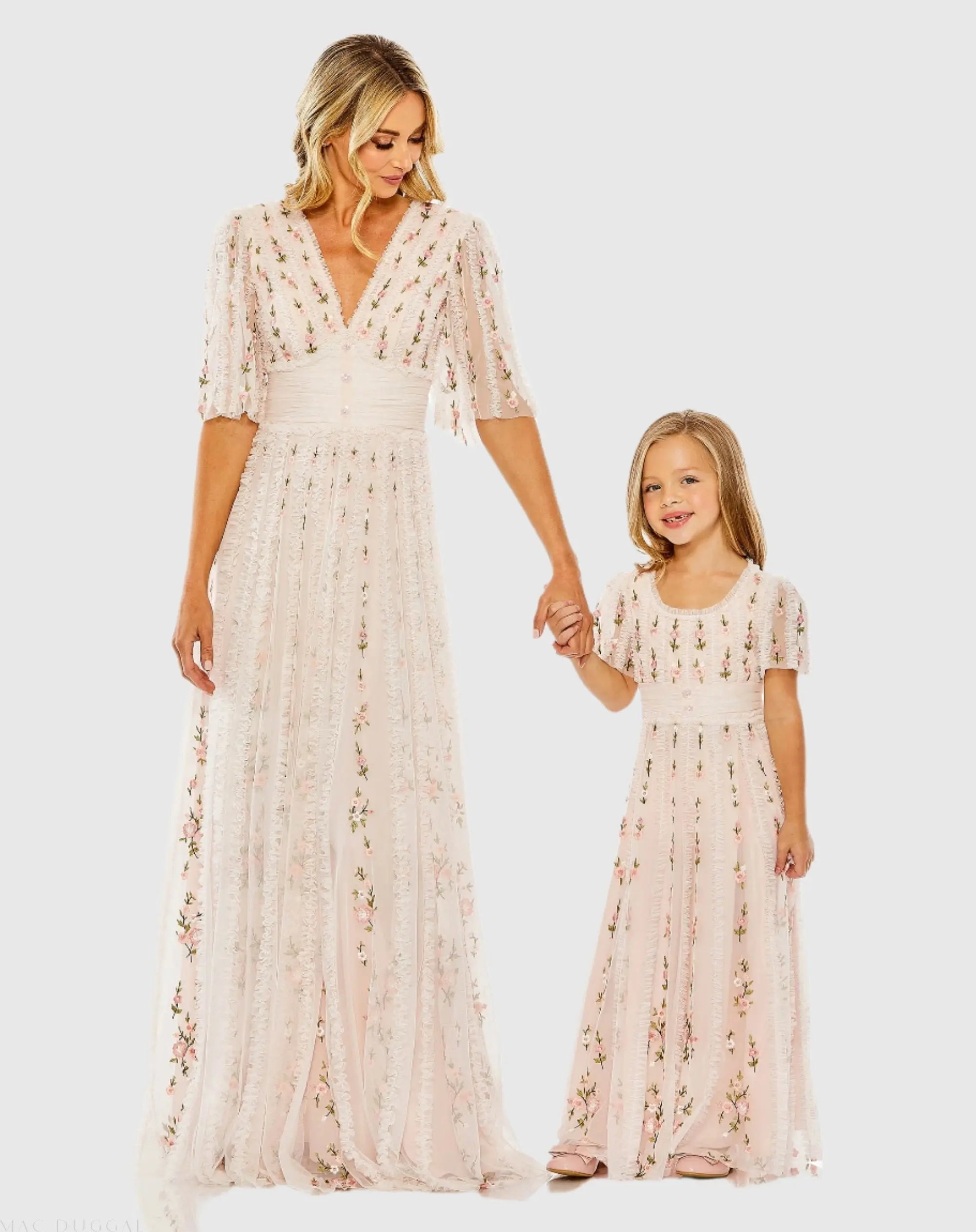 Pink Floral V-Neck Ruffle Detail Empire Waist Gown