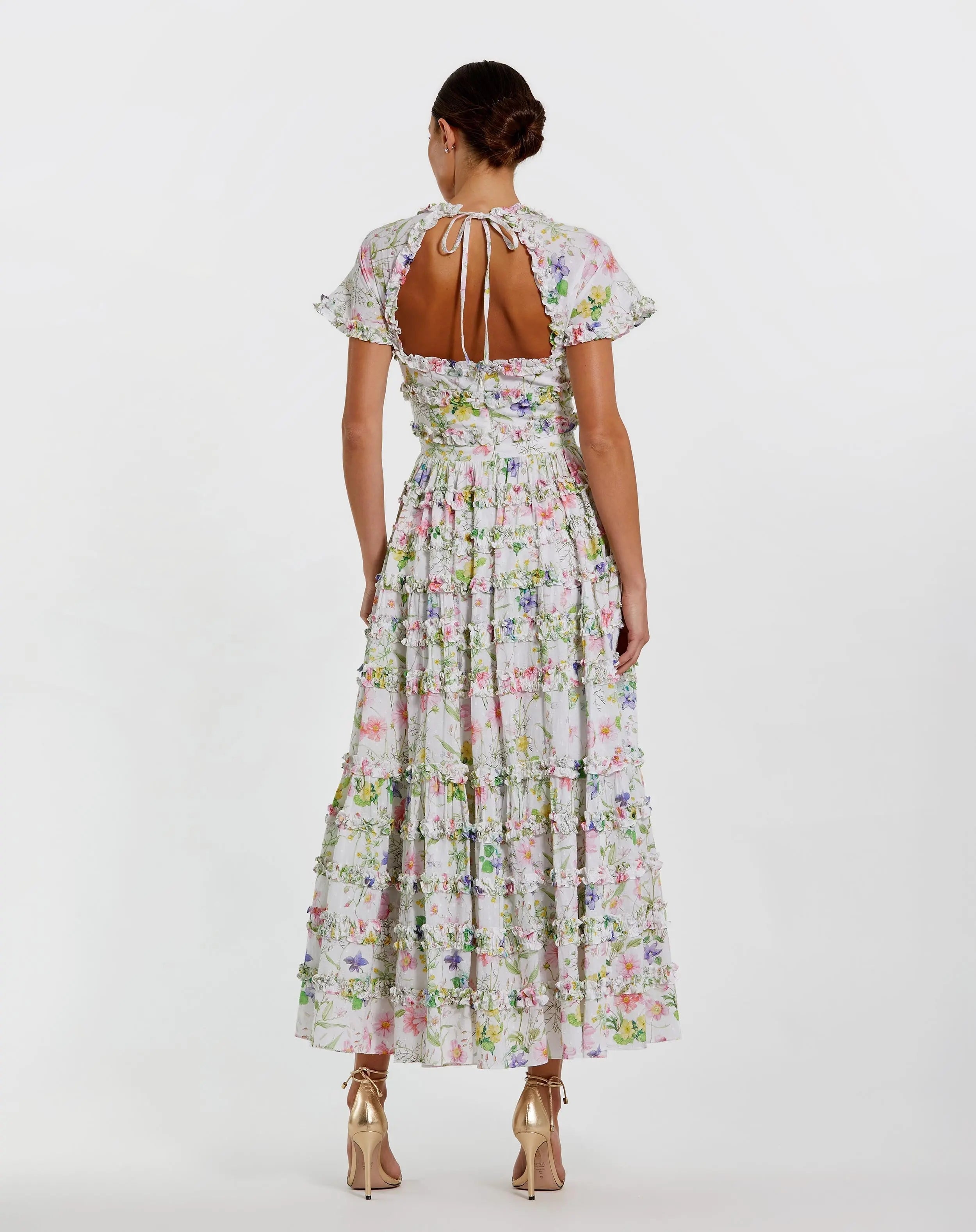 White Floral Ruffle Open Back Cotton Midi Dress