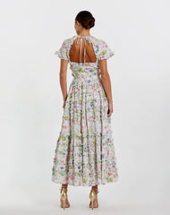 White Floral Ruffle Open Back Cotton Midi Dress