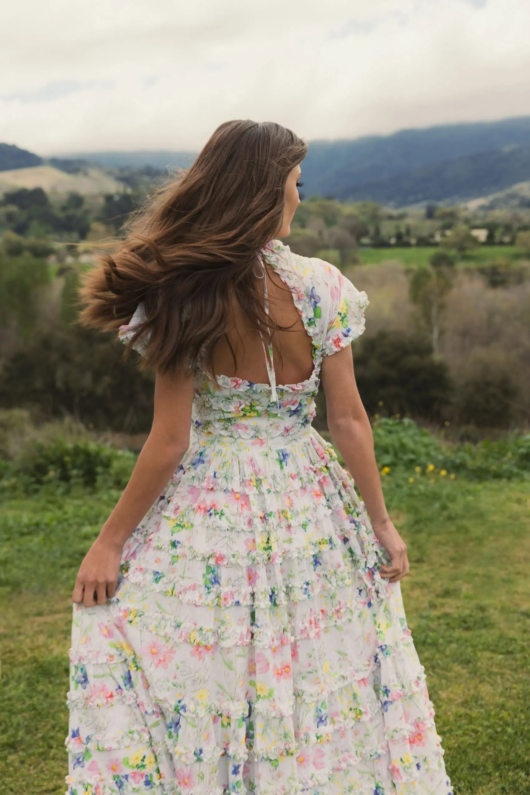 White Floral Ruffle Open Back Cotton Midi Dress