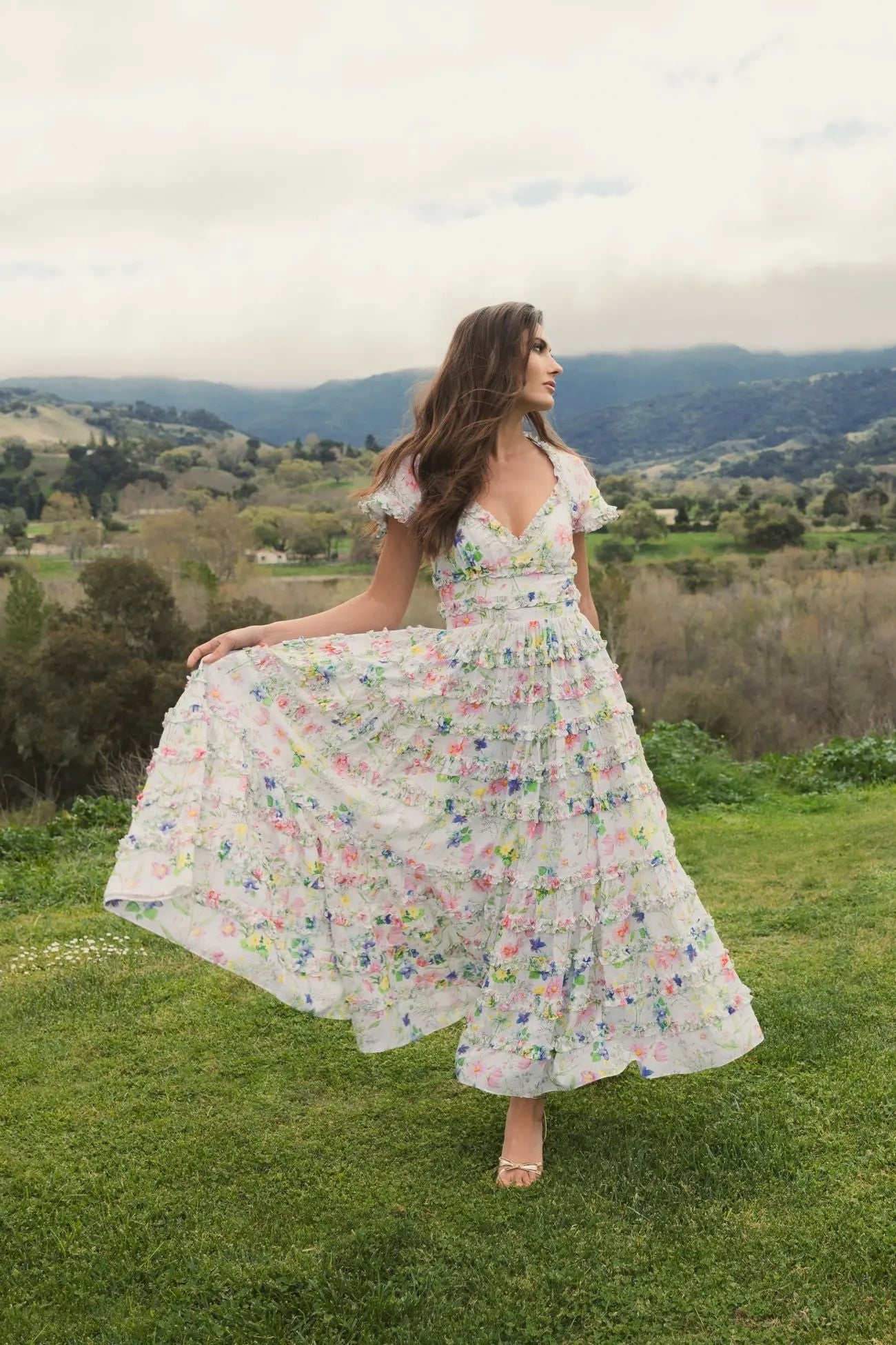 White Floral Ruffle Open Back Cotton Midi Dress