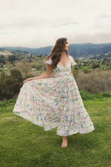 White Floral Ruffle Open Back Cotton Midi Dress