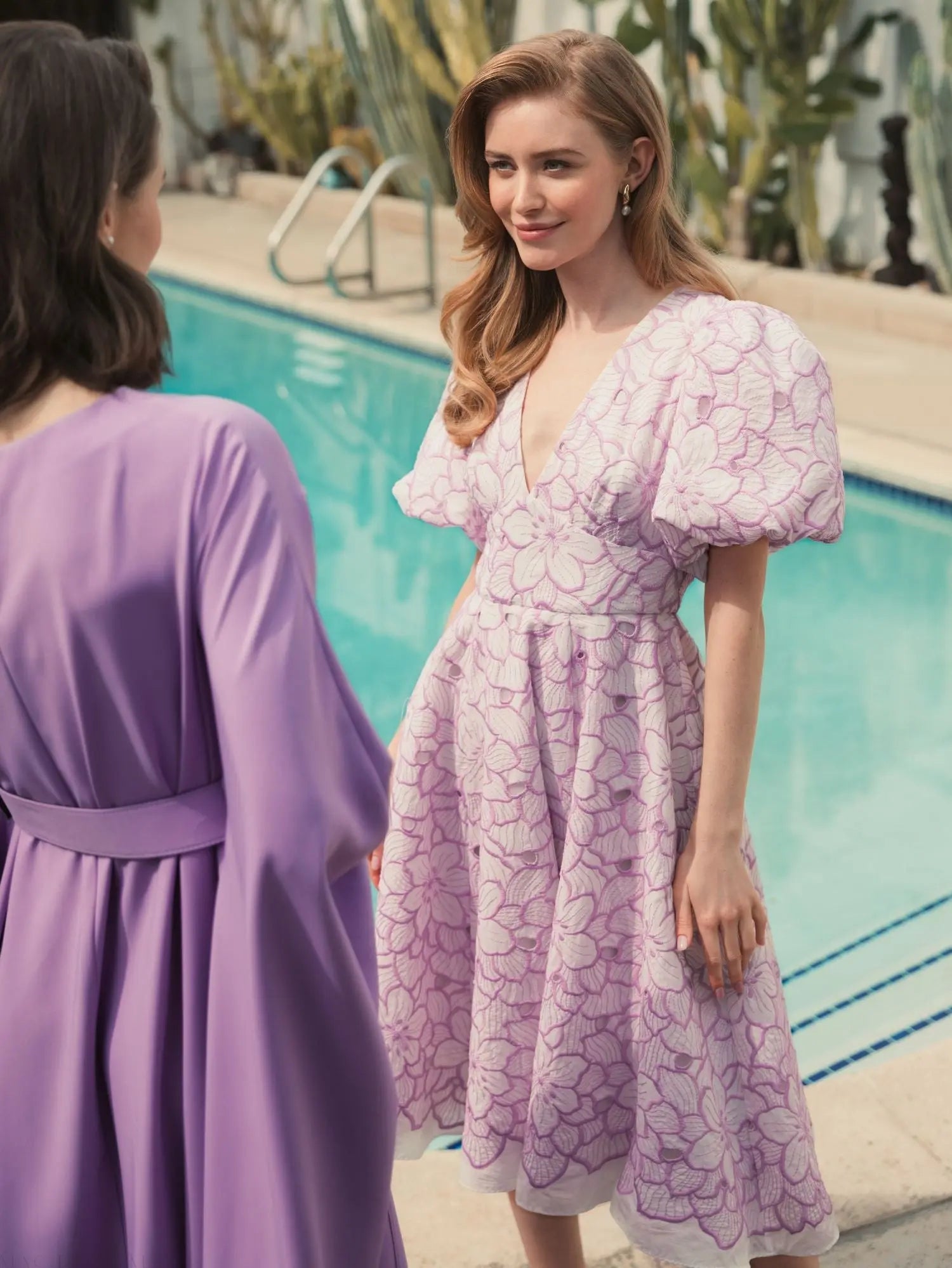 Multicolor Embroidered Floral Puff Sleeve Midi Dress