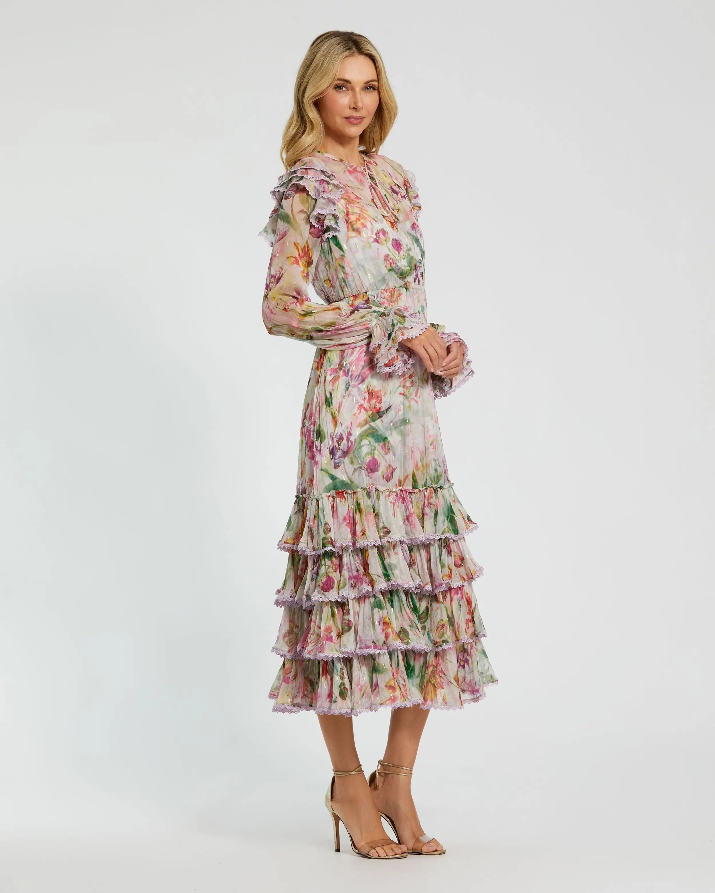 Multicolor Long Sleeve Ruffle Detail Floral Shift Dress