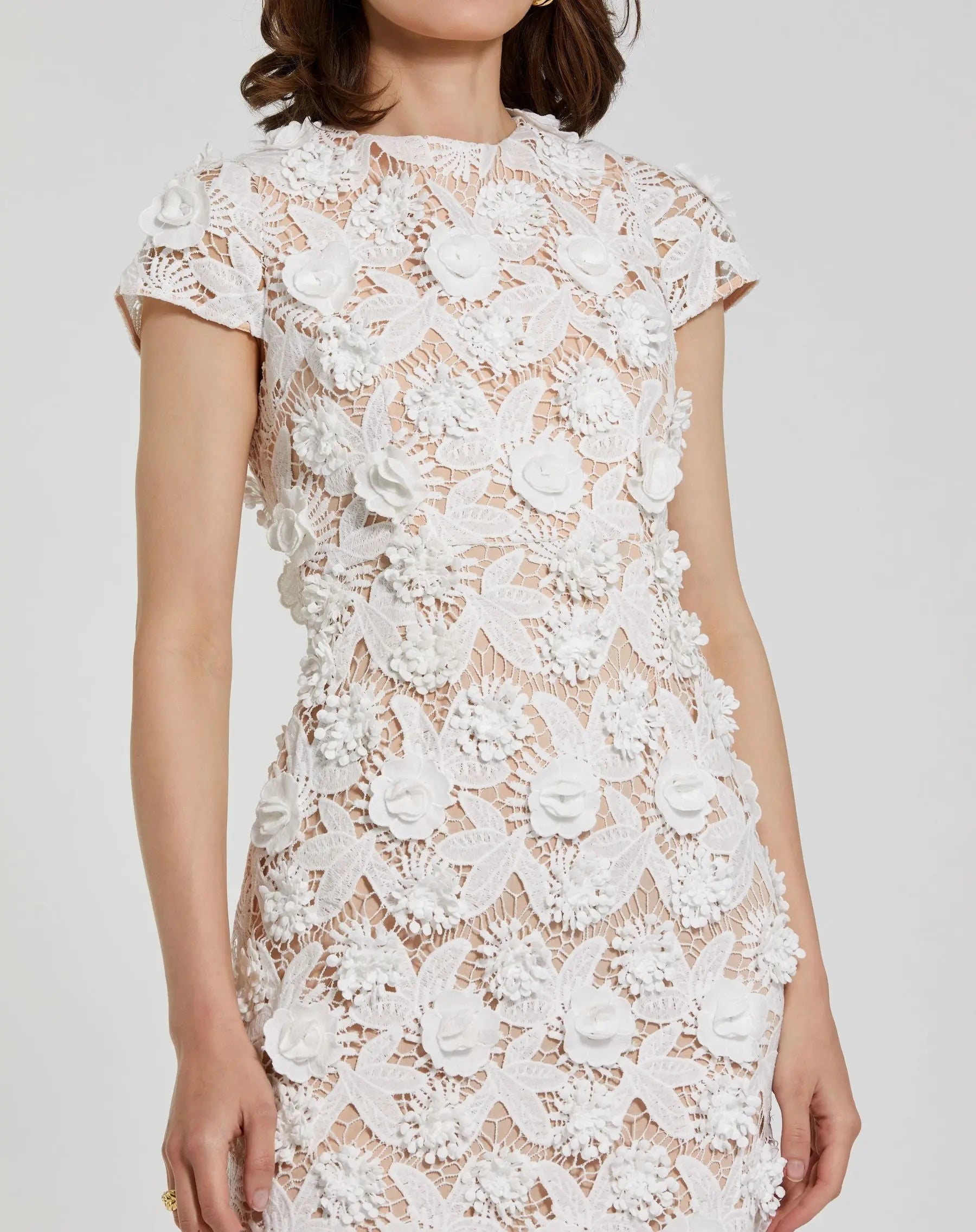 White and Beige Floral Lace Fitted Short Sleeve Midi Dress