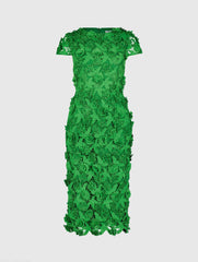 Green Floral Lace Fitted Short Sleeve Midi Dress