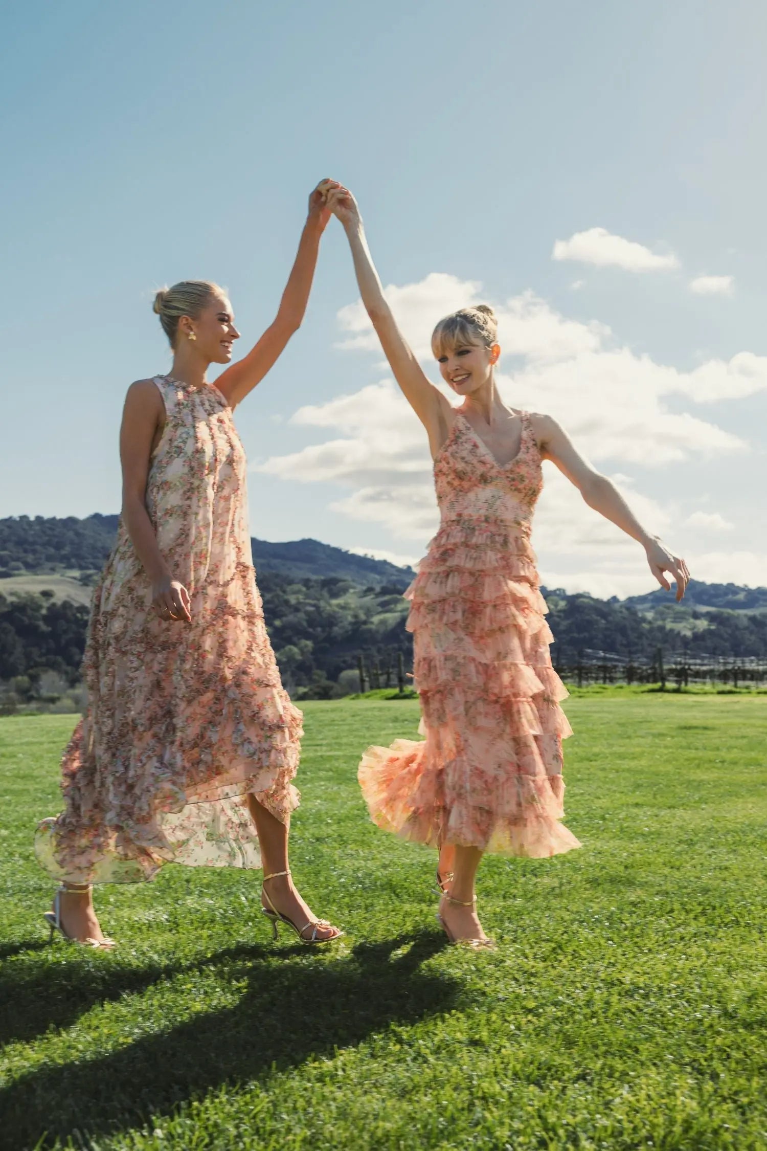 Pink Sleeveless V Neck Floral Mesh Ruffle Midi Dress