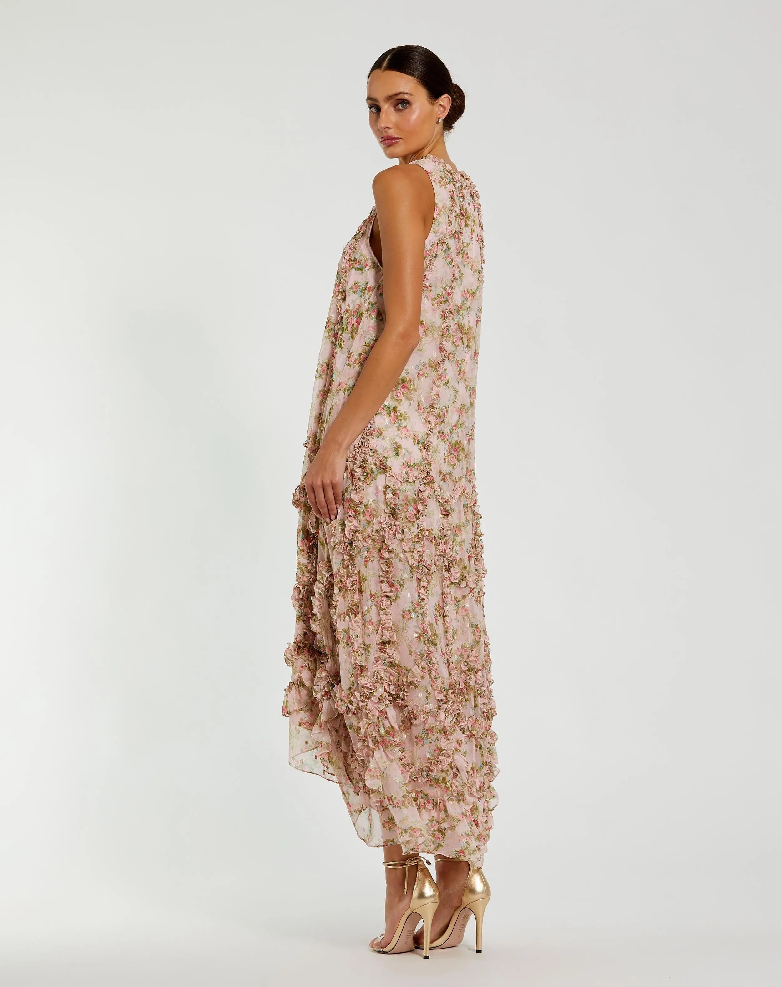 Pink Sleeveless Floral Chiffon Micro Ruffle Midi Dress