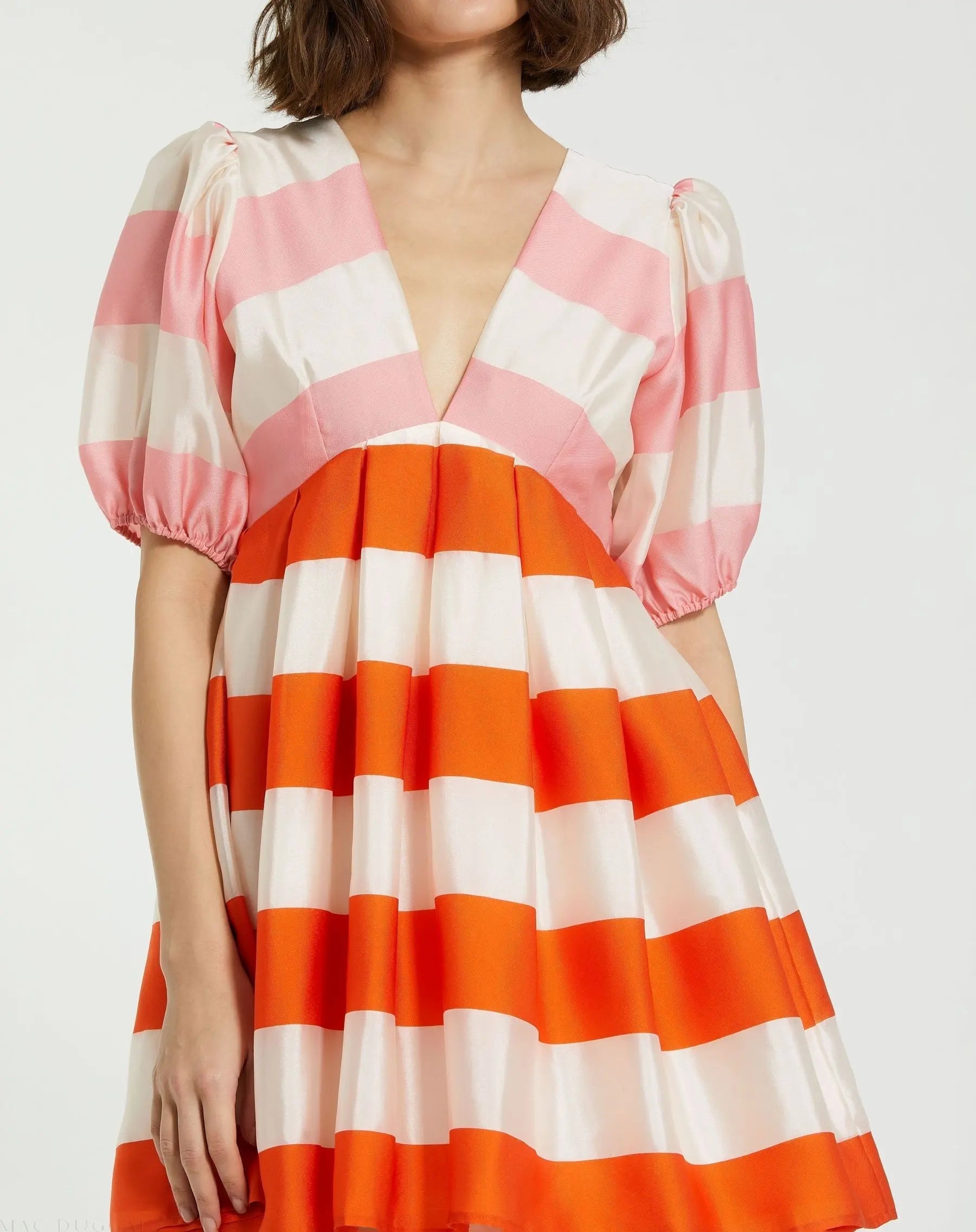 Multicolor Organza Striped Balloon Sleeve Mini Dress