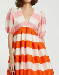 Multicolor Organza Striped Balloon Sleeve Mini Dress