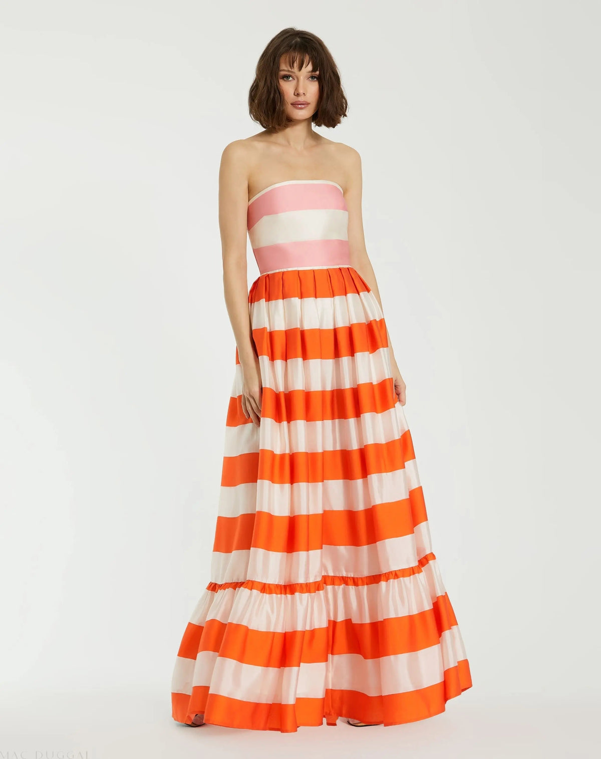 Multicolor Striped Organza Strapless Ruffle Maxi Dress