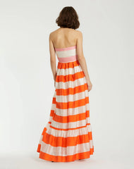 Multicolor Striped Organza Strapless Ruffle Maxi Dress