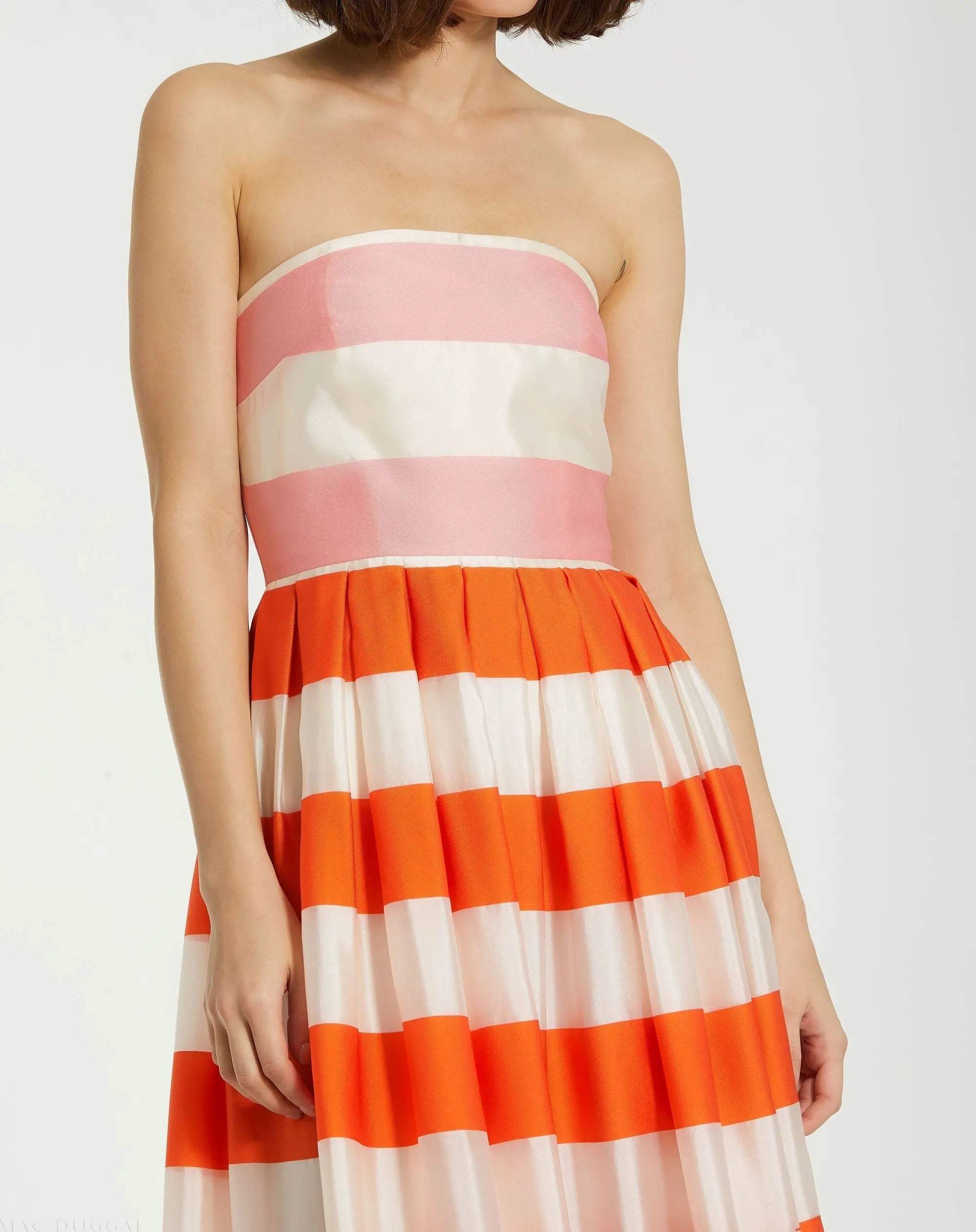 Multicolor Striped Organza Strapless Ruffle Maxi Dress