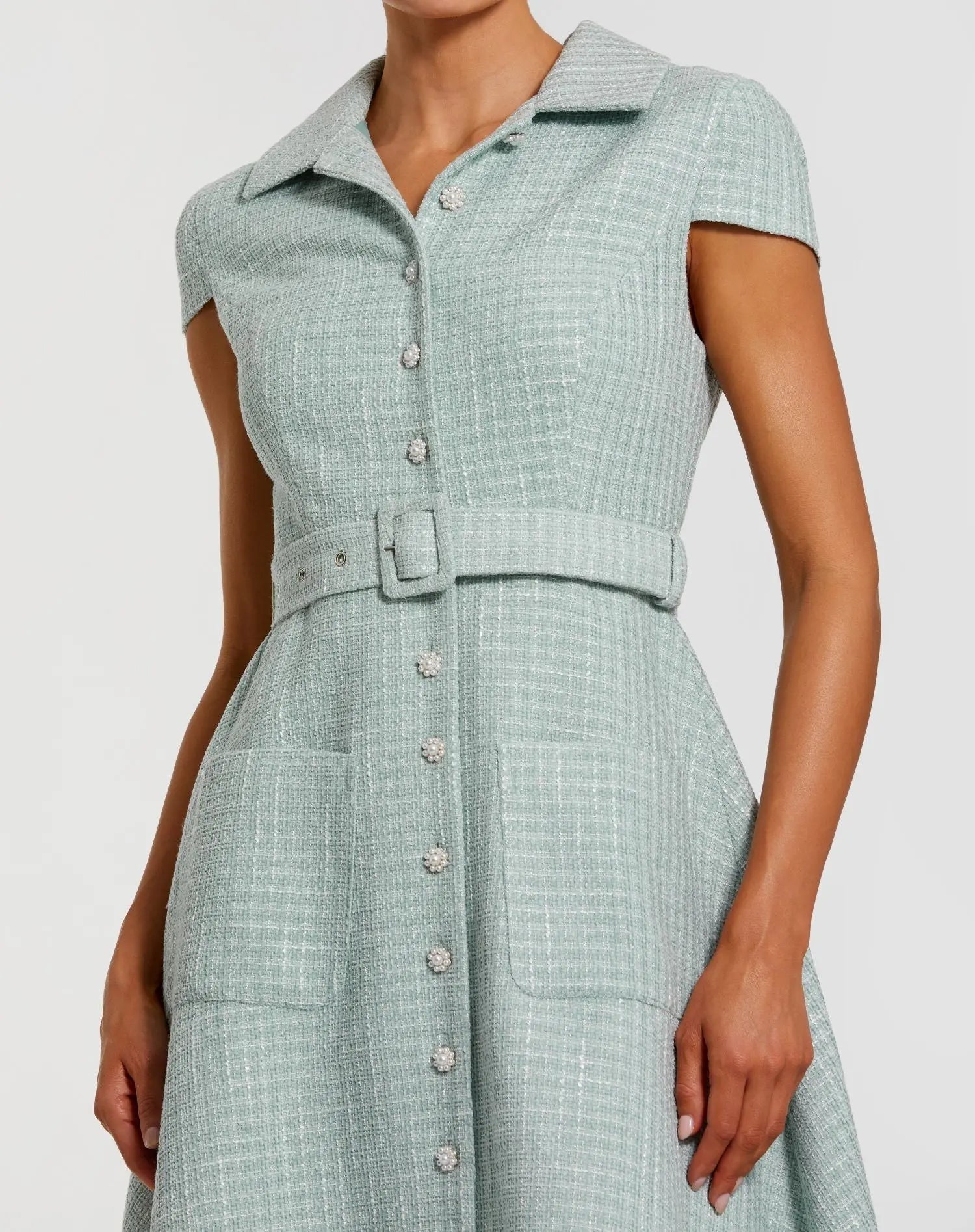 Light Blue Boucle Cap Sleeve Button Up Midi Dress
