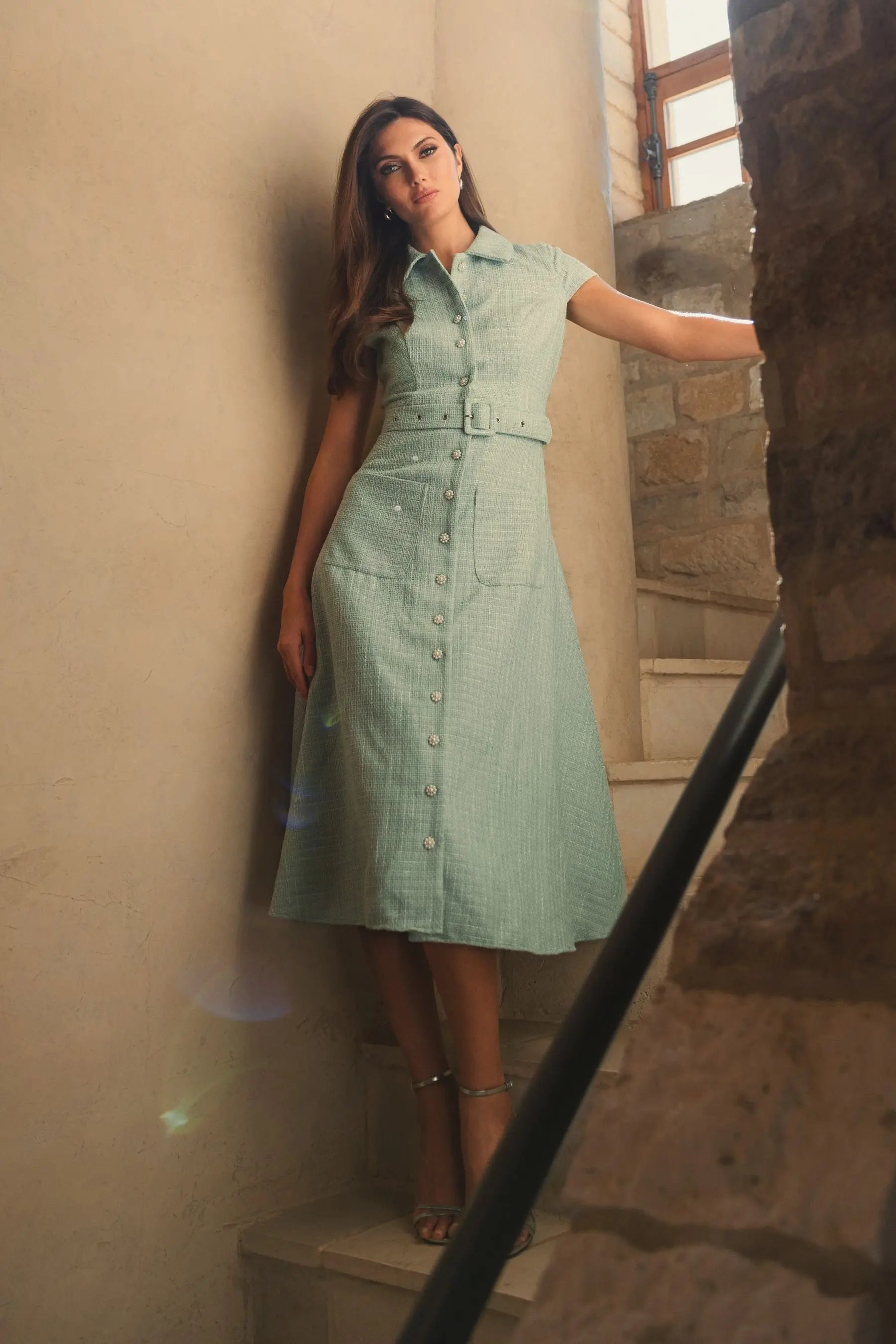 Light Blue Boucle Cap Sleeve Button Up Midi Dress