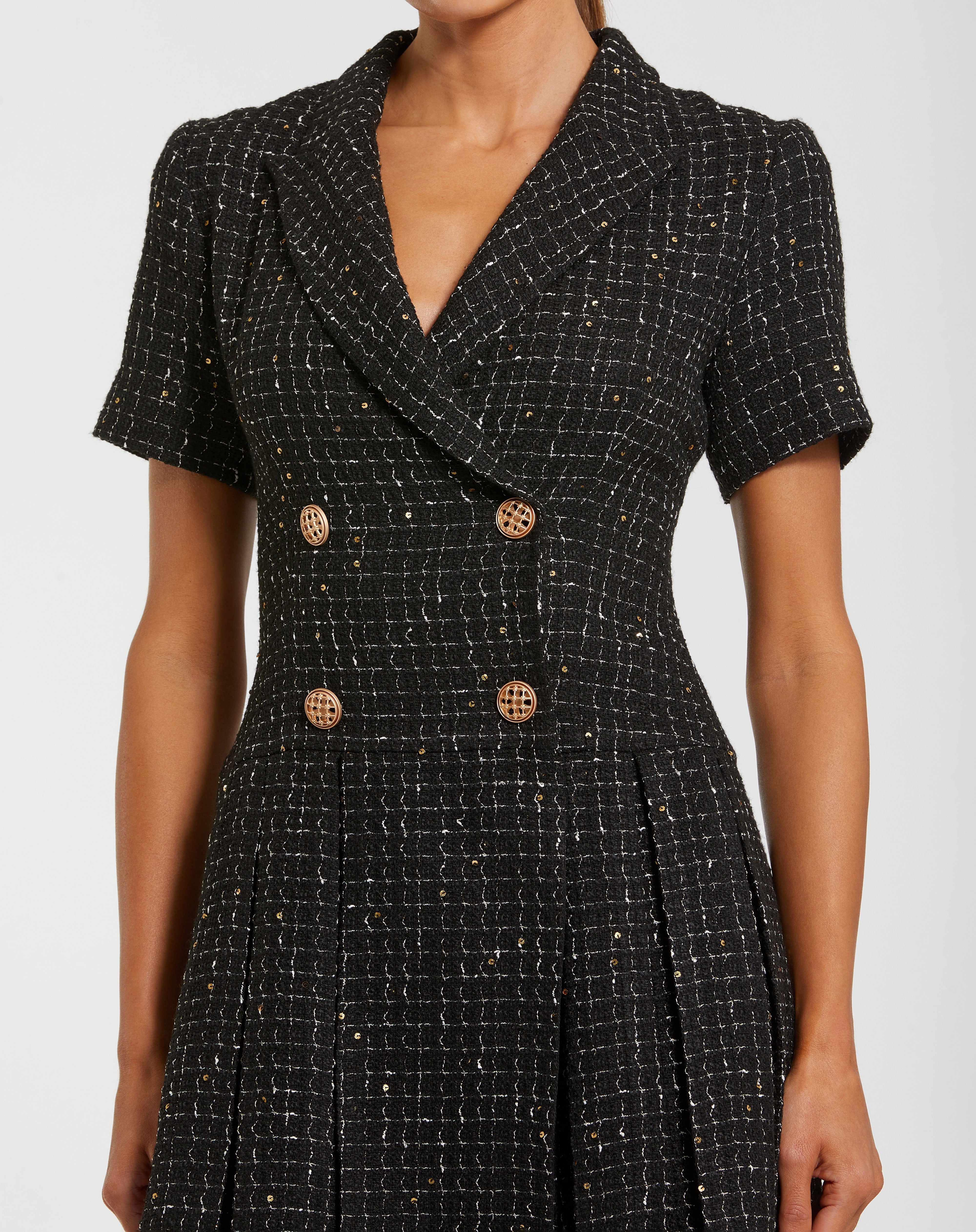 Black Short Sleeve V Neck Tweed Blazer Mini Dress