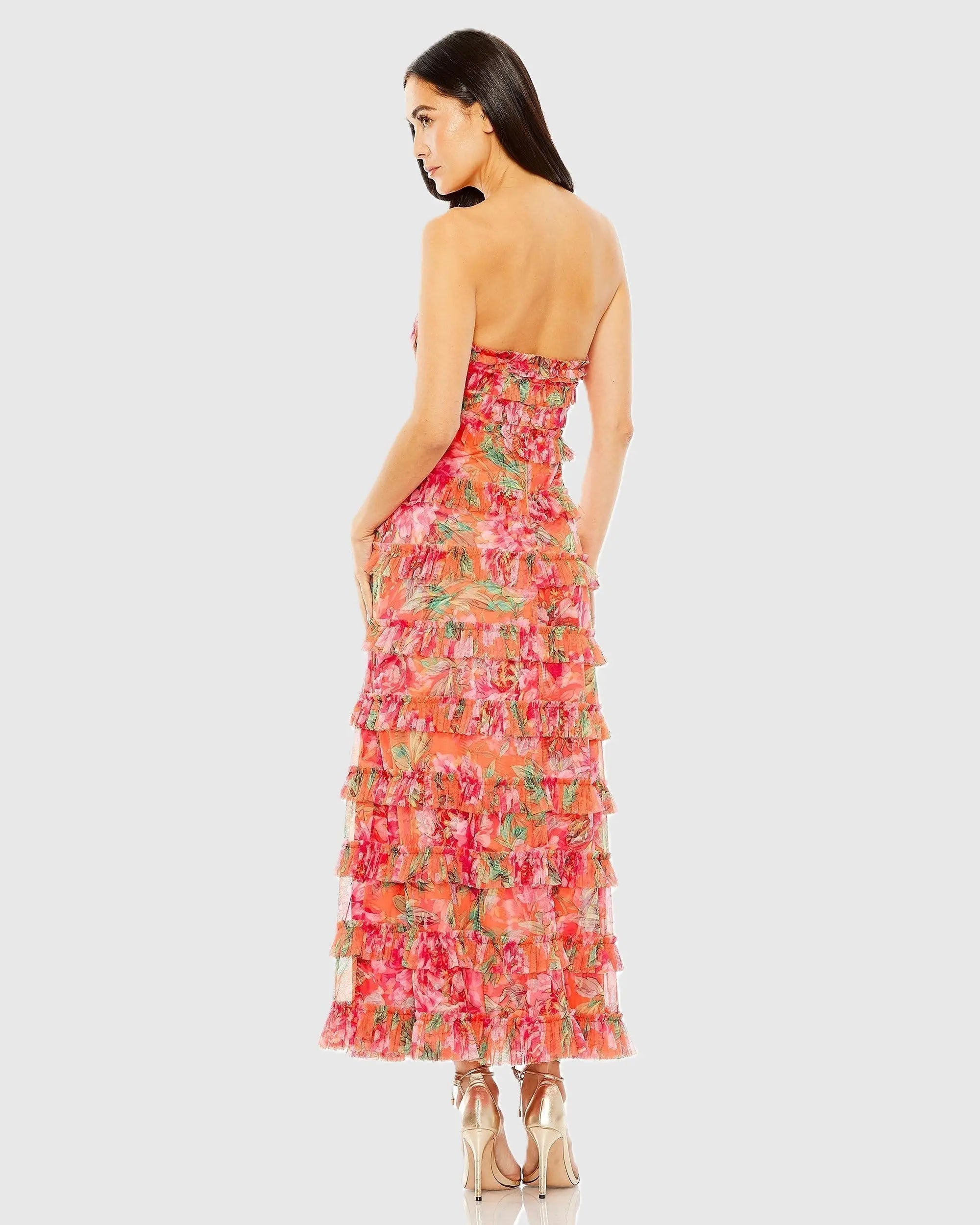 Multicolor Strapless Floral Micro Ruffle Dress