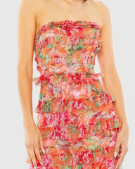 Multicolor Strapless Floral Micro Ruffle Dress