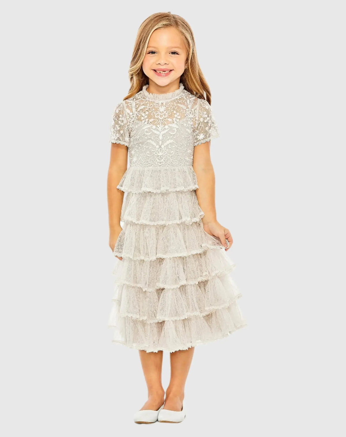 Girls High Neck Embroidered Short Sleeve Dress