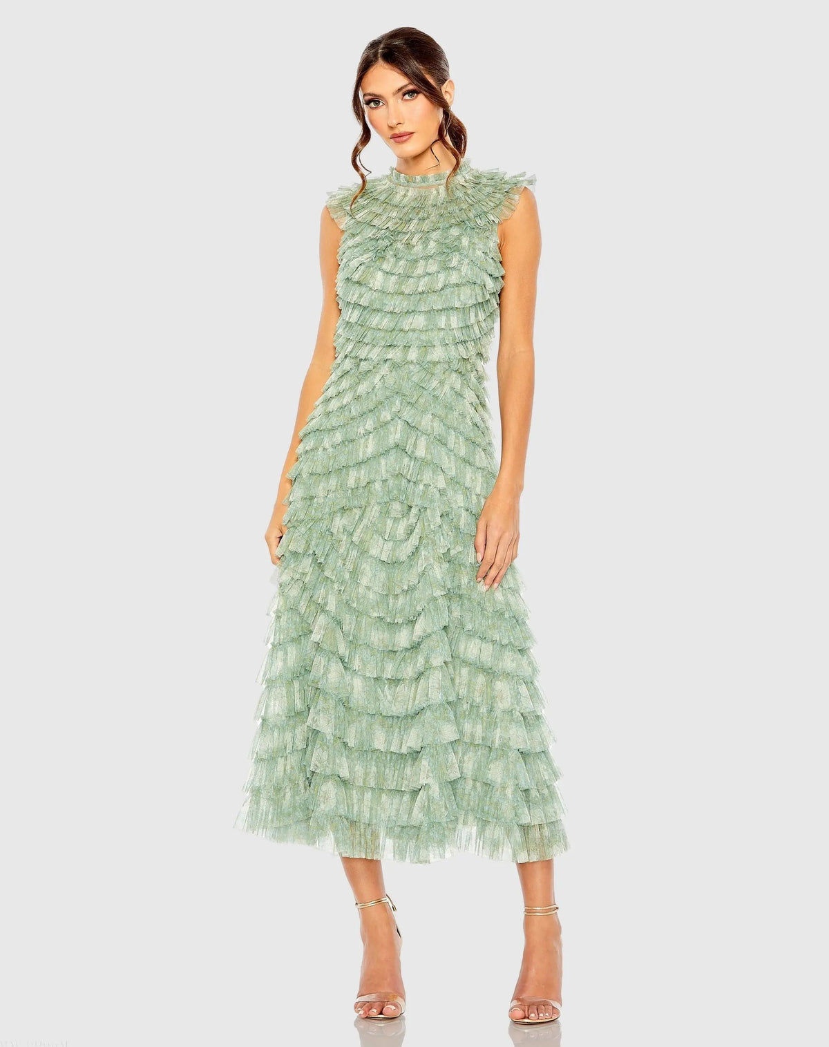 Green High Neck Micro Ruffle Dress