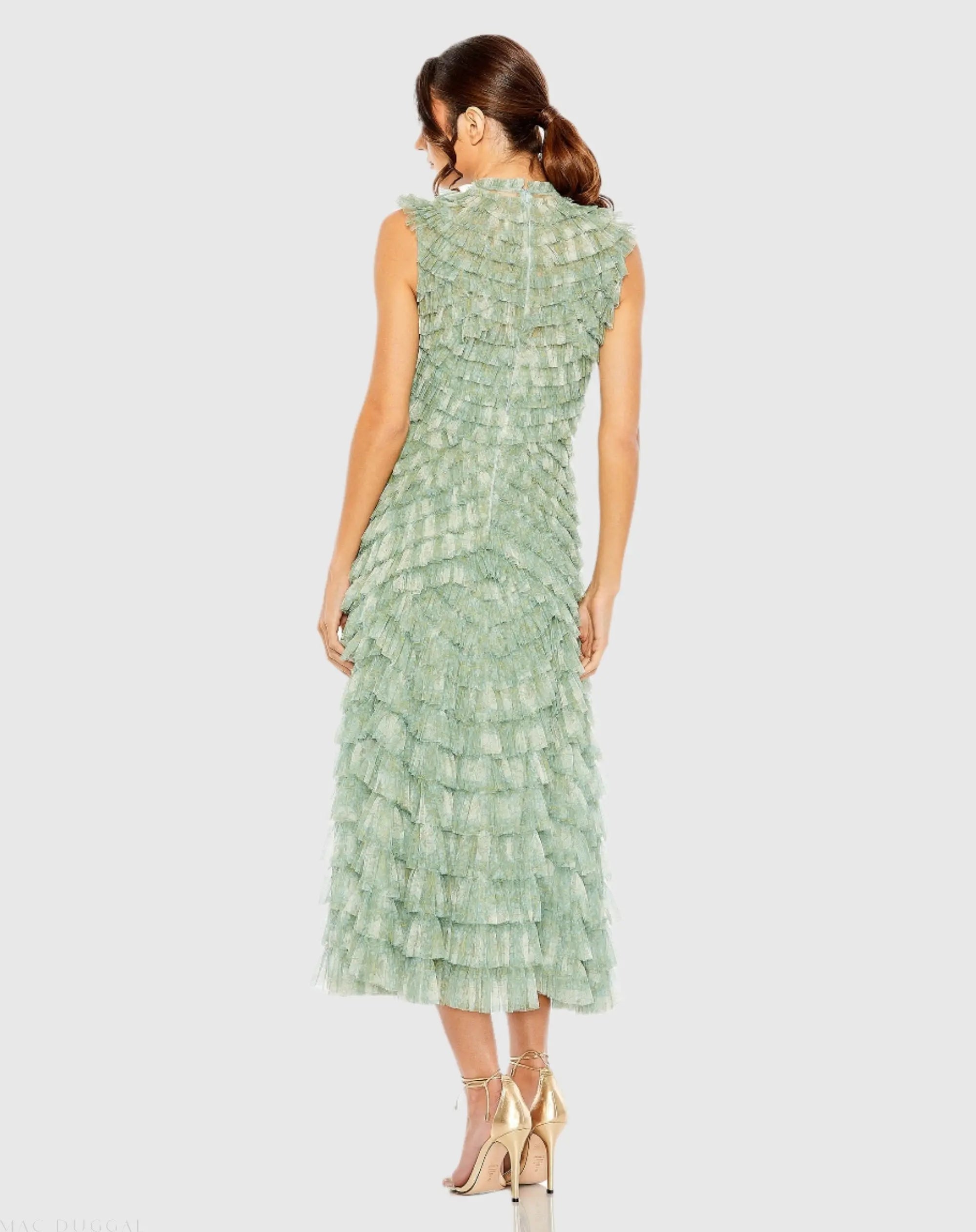 Green High Neck Micro Ruffle Dress