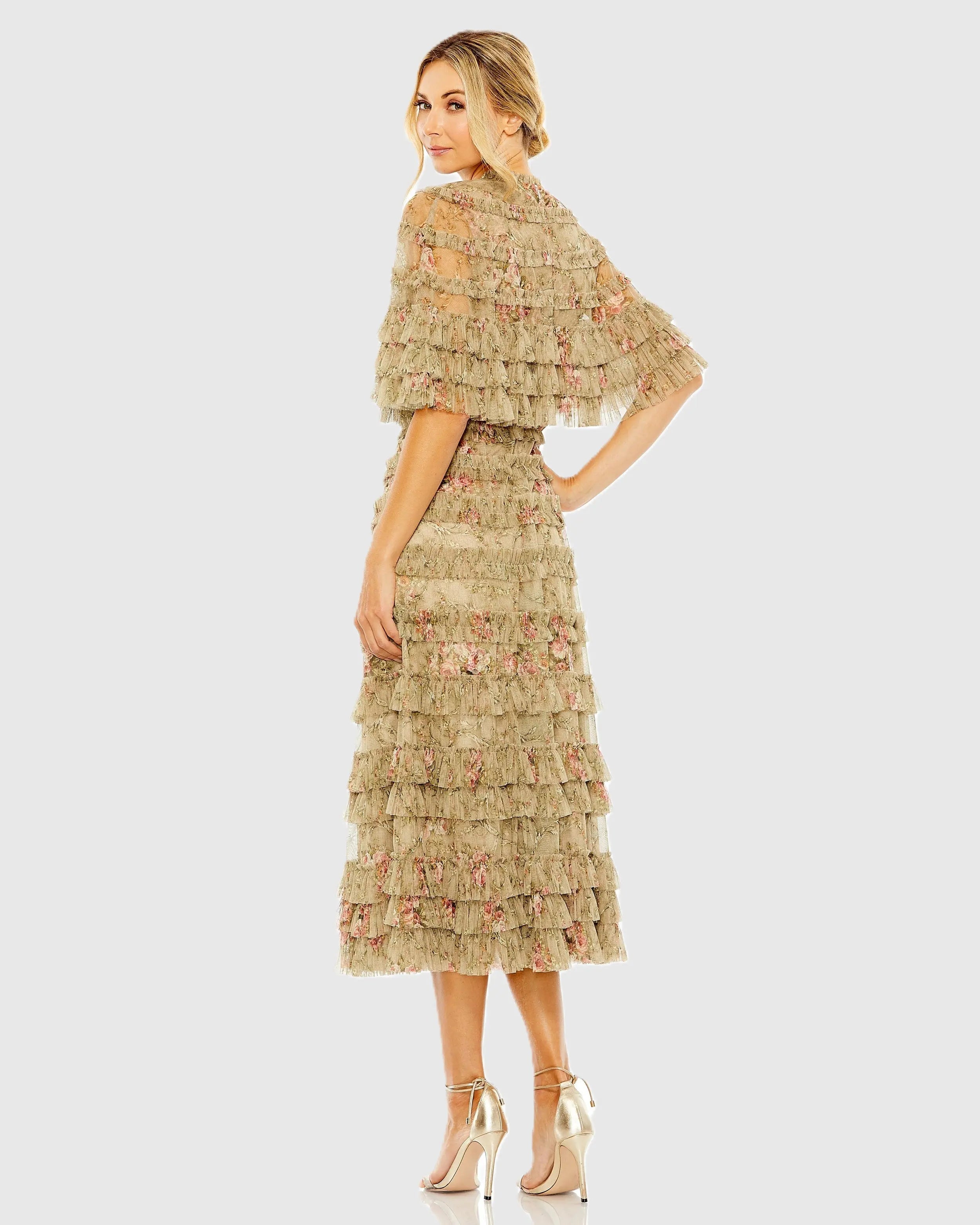 Green Floral Ruffle Midi Dress With Shawl