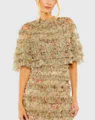 Green Floral Ruffle Midi Dress With Shawl