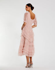 Pink Short Sleeve Mesh Micro Ruffle Midi Dress