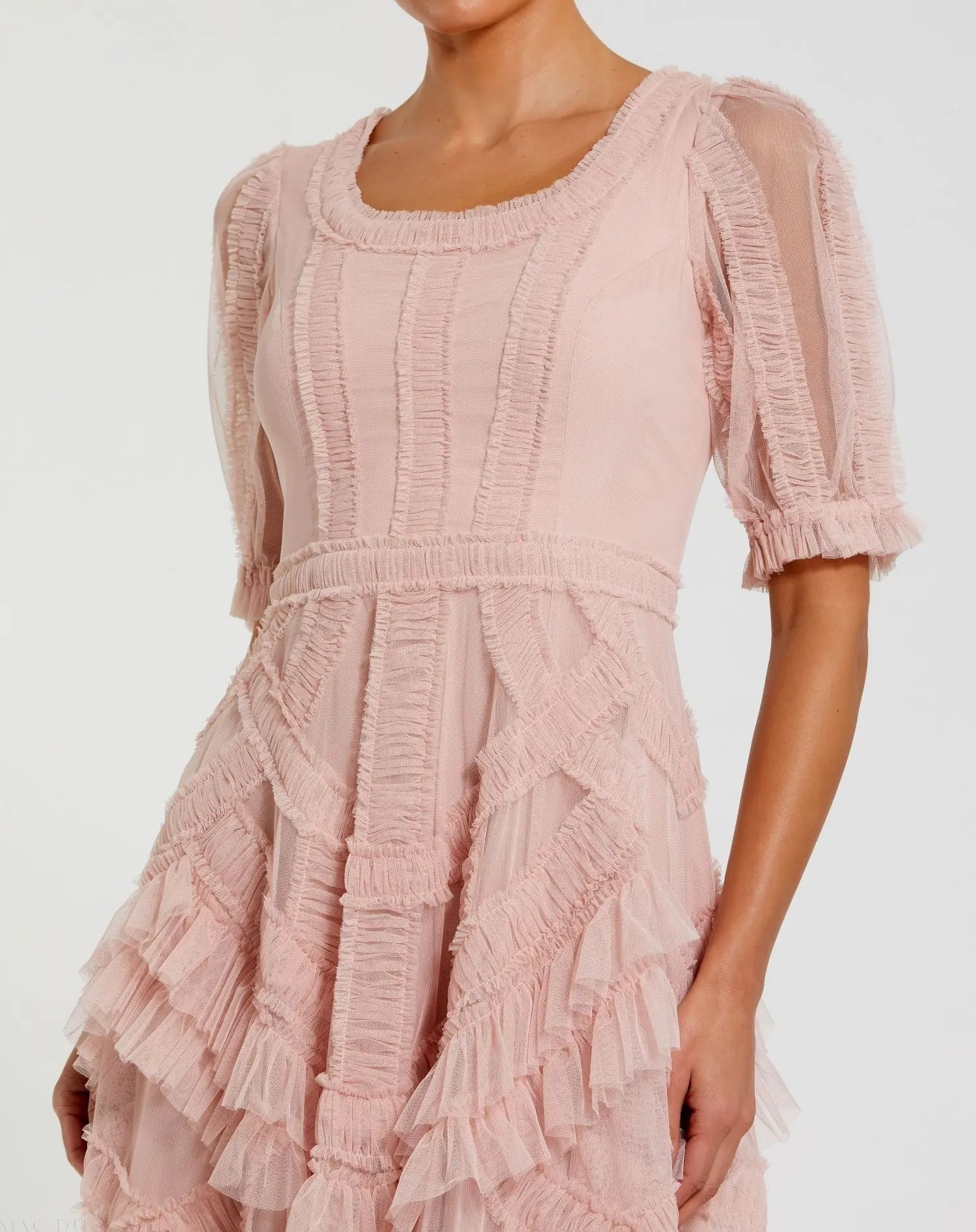Pink Short Sleeve Mesh Micro Ruffle Midi Dress