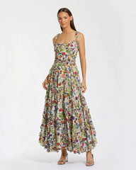 Multicolor Ruffle Scoop Neck Floral A-Line Dress