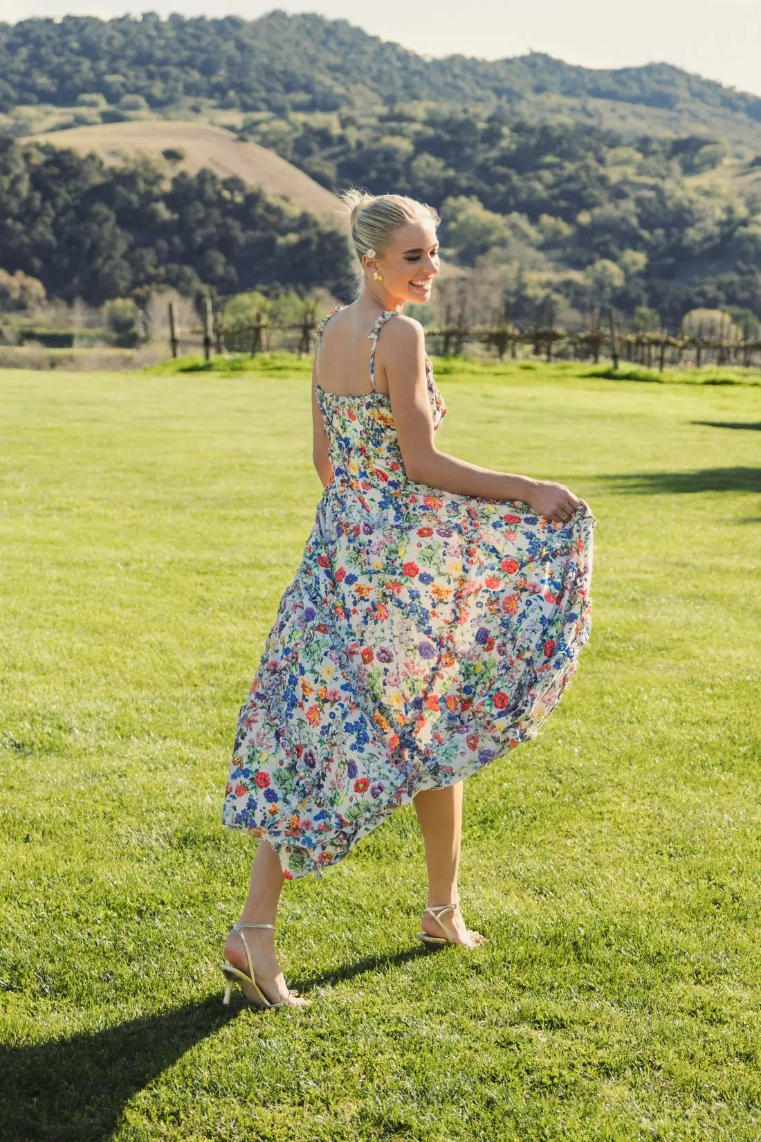 Multicolor Ruffle Scoop Neck Floral A-Line Dress