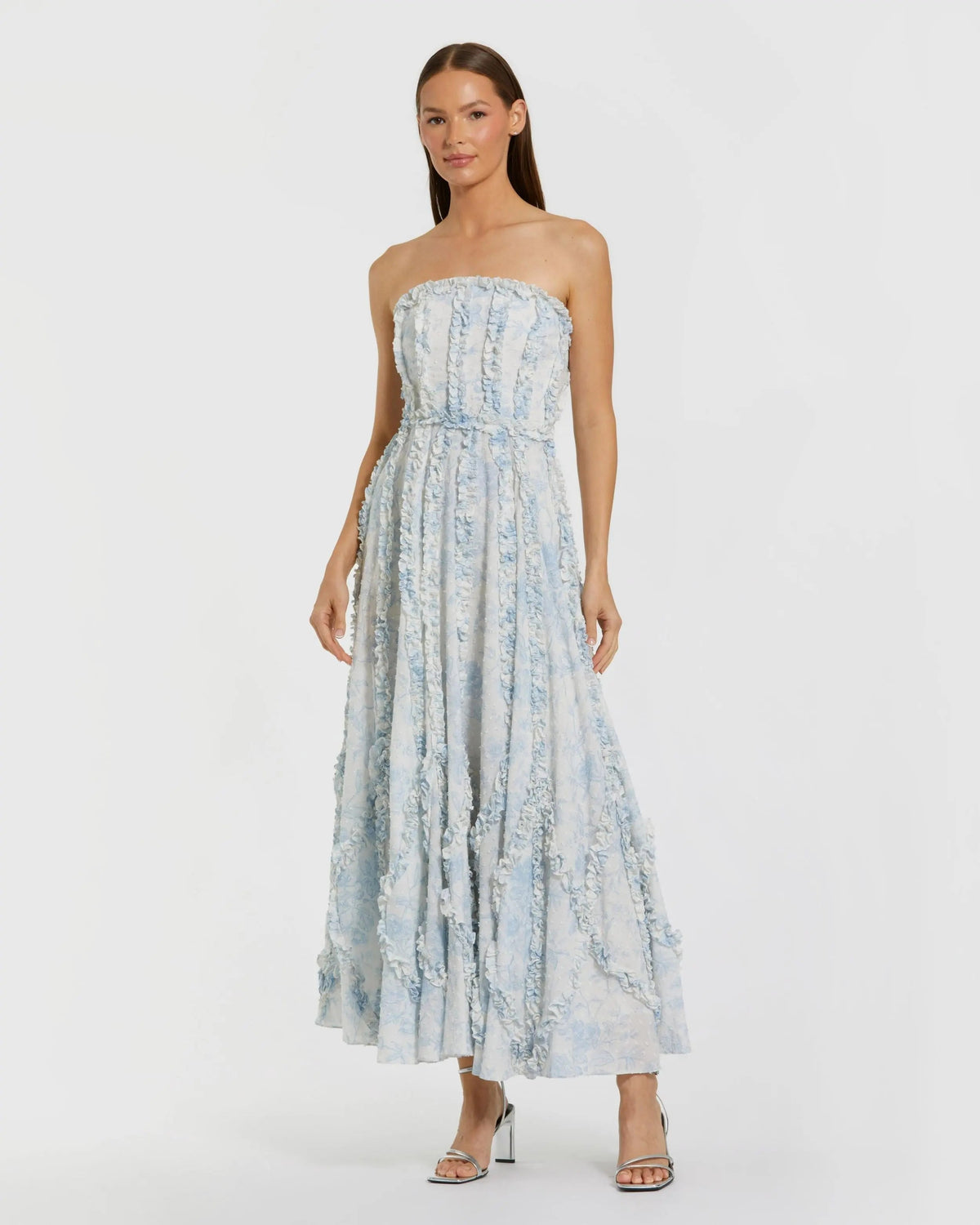 Blue and White Strapless Ruffle Floral Cotton Midi Dress