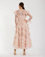 Pink Tiered Ruffle Trim Long Sleeve Midi Dress