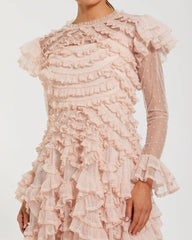 Pink Tiered Ruffle Trim Long Sleeve Midi Dress