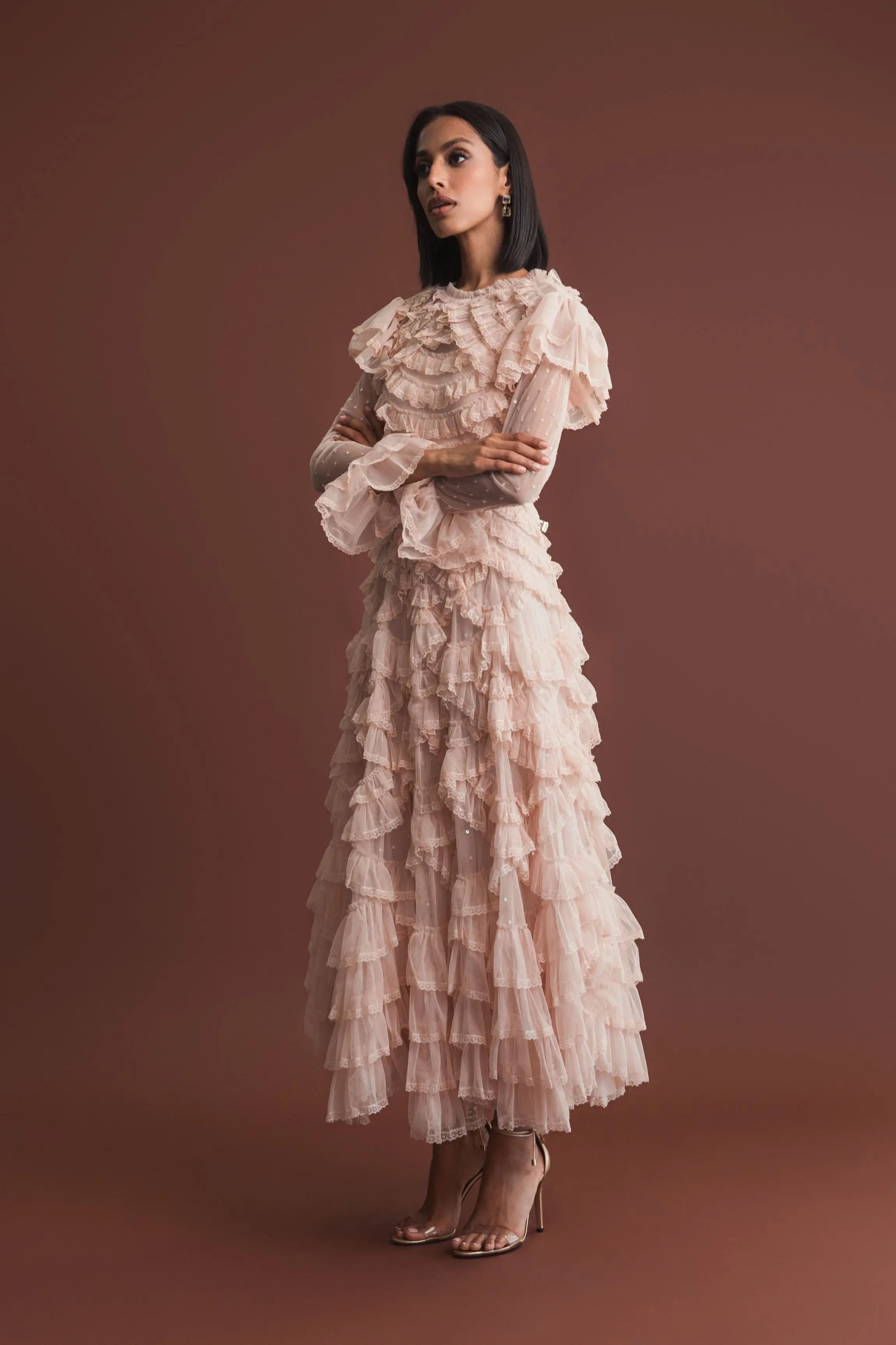 Pink Tiered Ruffle Trim Long Sleeve Midi Dress