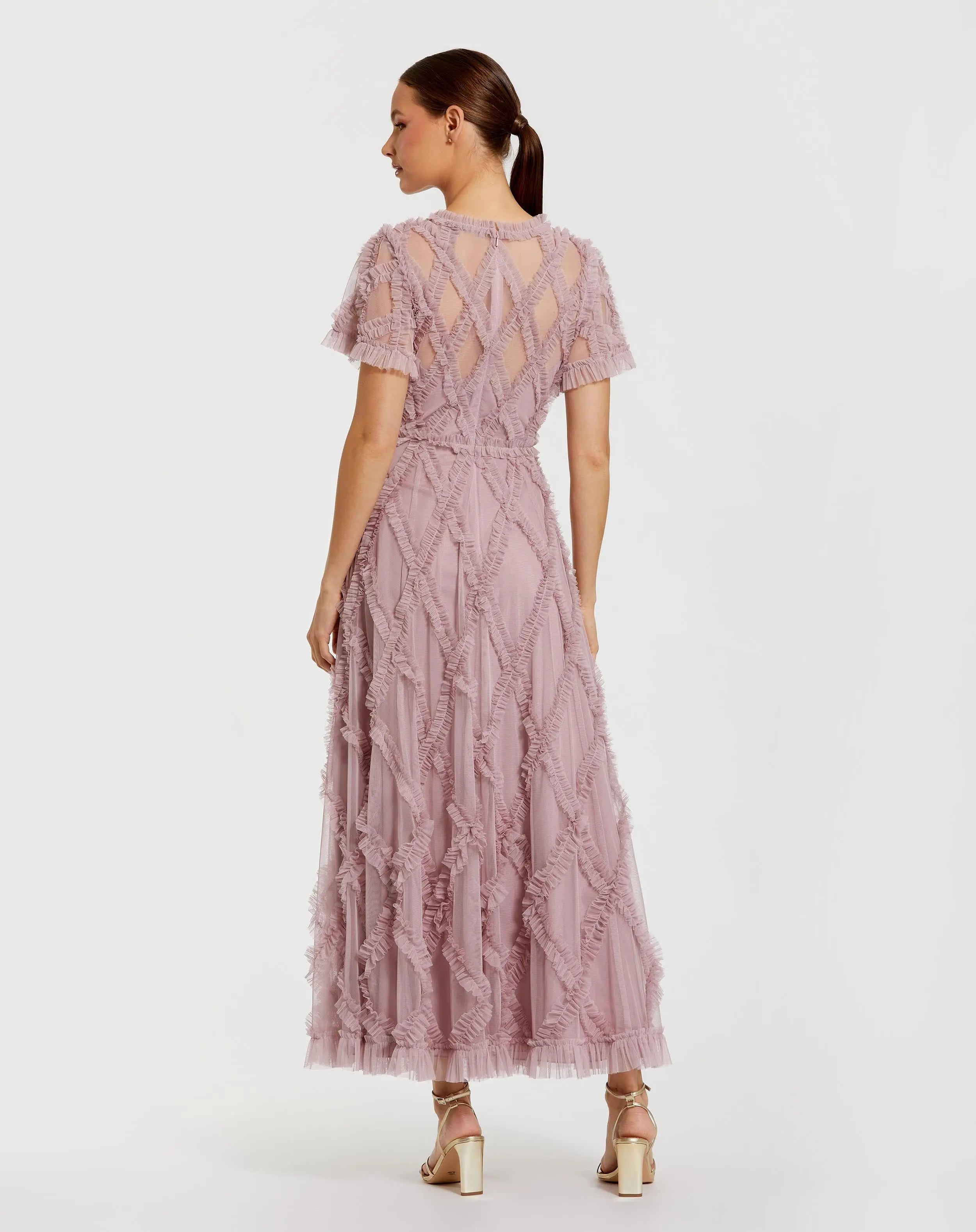 Pink Short Sleeve High Neck Ruffle Dress