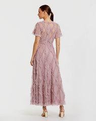 Pink Short Sleeve High Neck Ruffle Dress