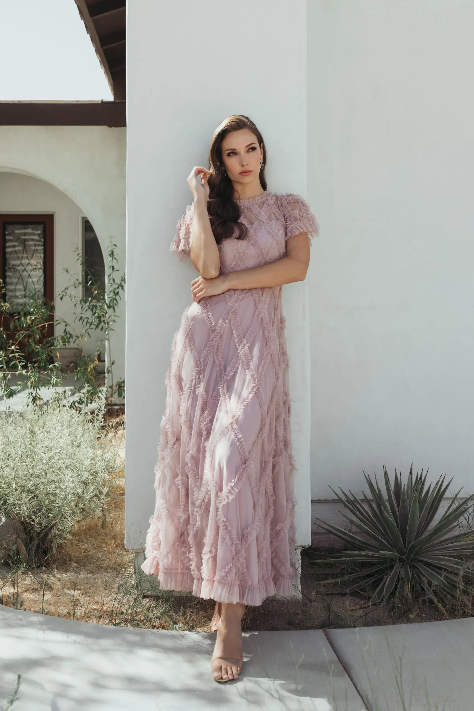 Pink Short Sleeve High Neck Ruffle Dress