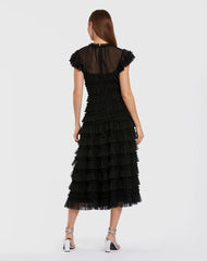 Black Ruffle High Neck Cap Sleeve Midi Dress