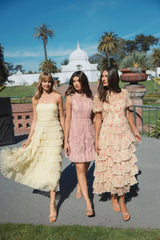 Yellow Mesh Micro Ruffle Strapless Midi Dress