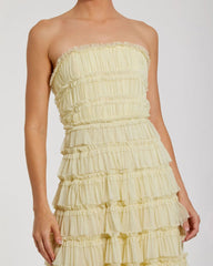 Yellow Mesh Micro Ruffle Strapless Midi Dress