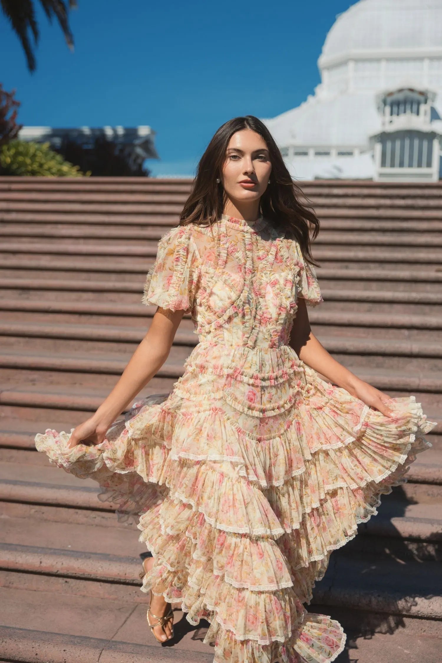 Beige Floral High Neck Midi Dress with Lace Trim