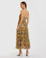 Yellow Floral Strapless Ruffle Maxi Dress