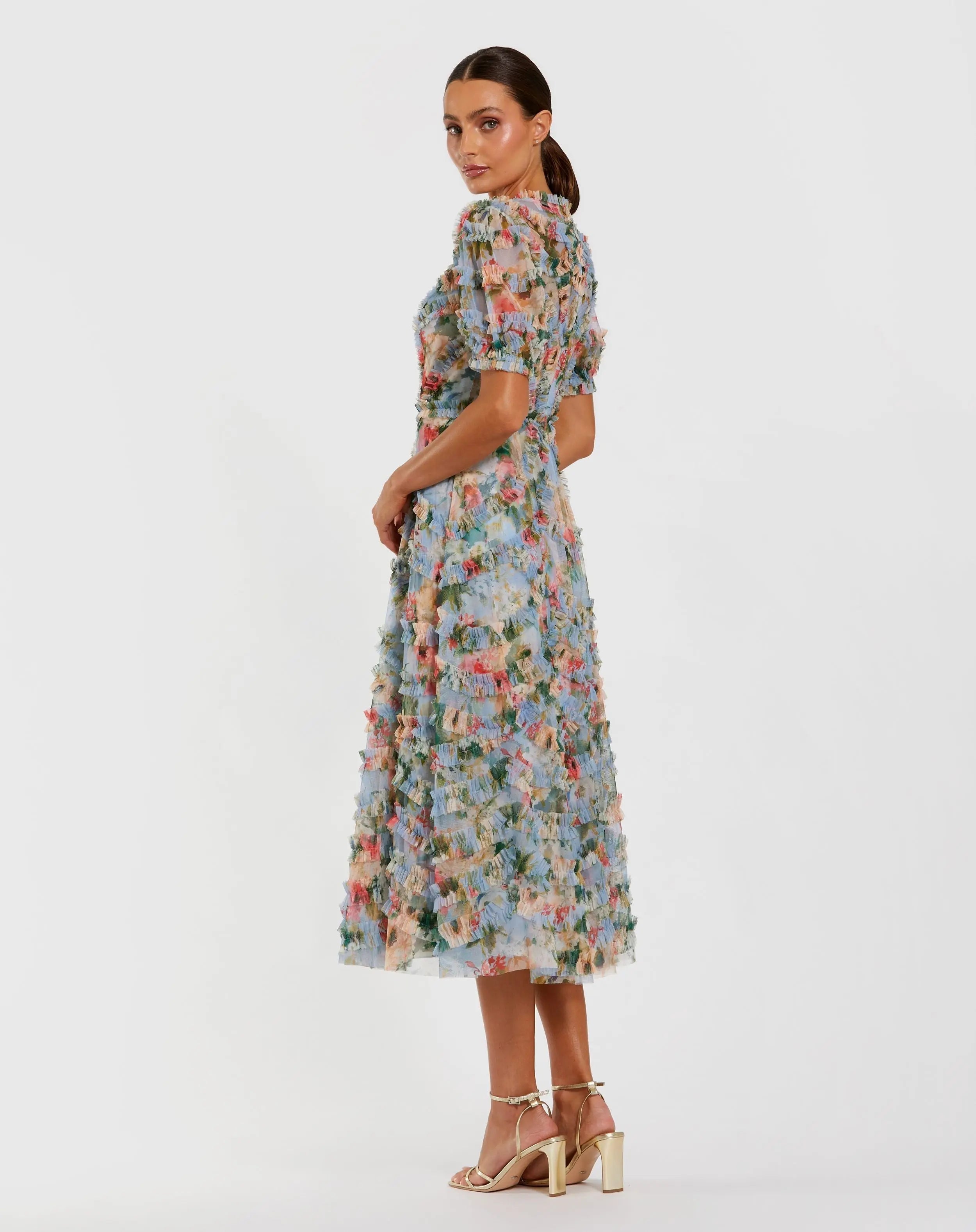 Blue Floral Mesh Ruffle High Neck Midi Dress