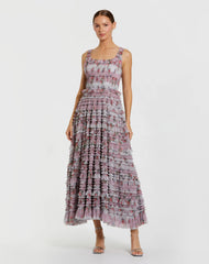 Purple Sleeveless Floral Midi Dress with Tiered Ruffles