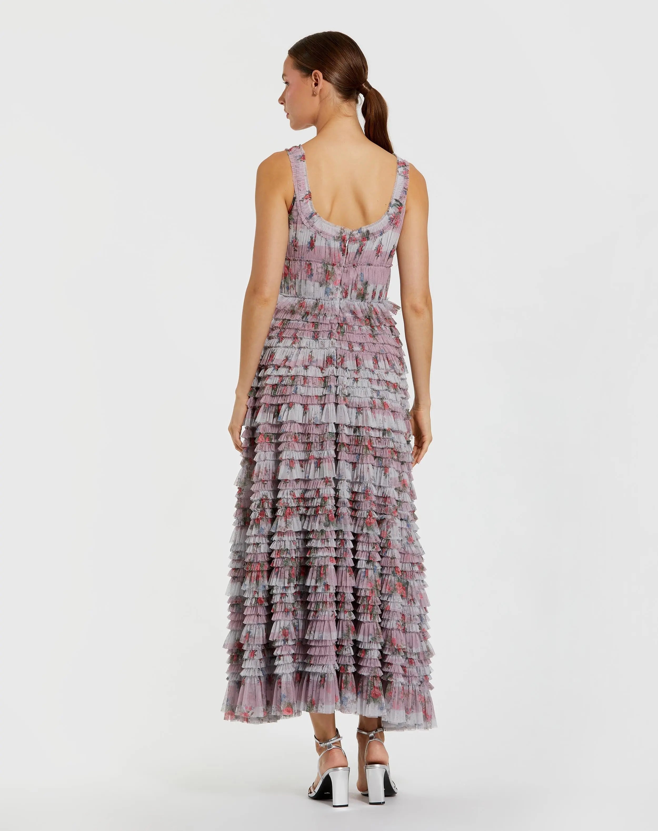 Purple Sleeveless Floral Midi Dress with Tiered Ruffles