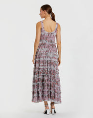 Purple Sleeveless Floral Midi Dress with Tiered Ruffles